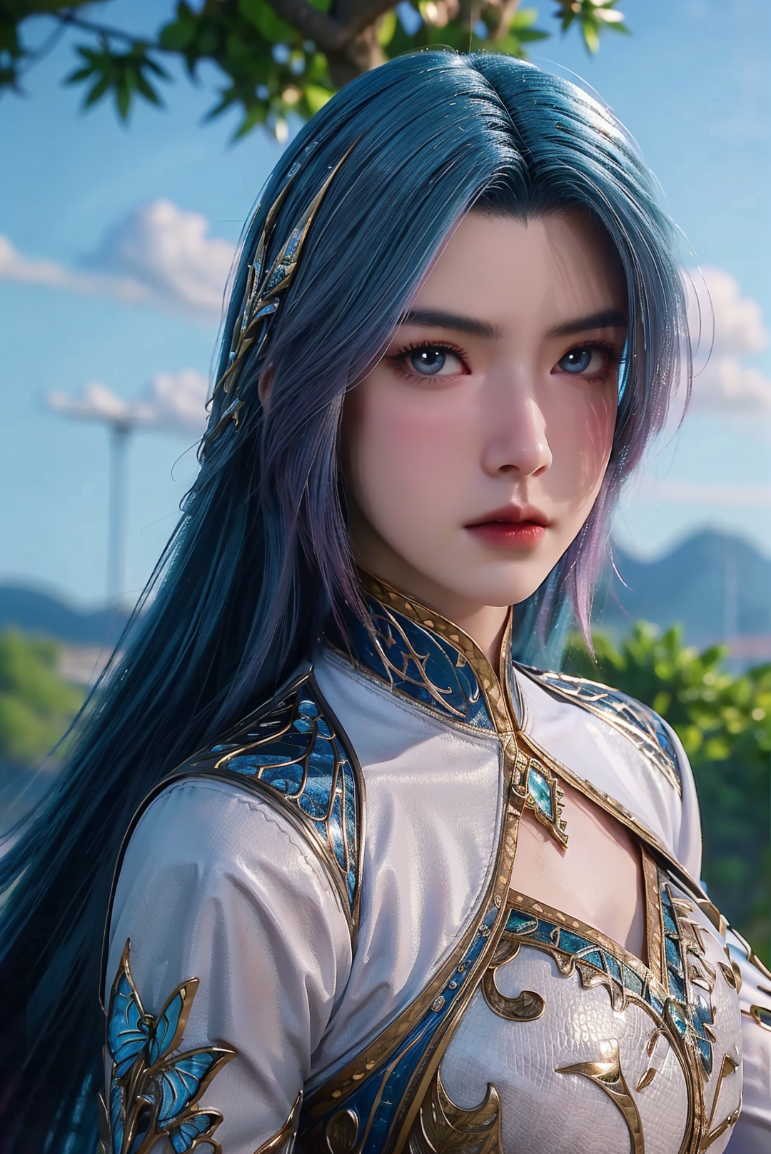 00079-1695897197-1girl,solo,long hair,blue hair,gradient hair,hair ornament,blue eyes,closed mouth,dress,(looking at viewer),cowboy shot,blurry,o-ad-before.png